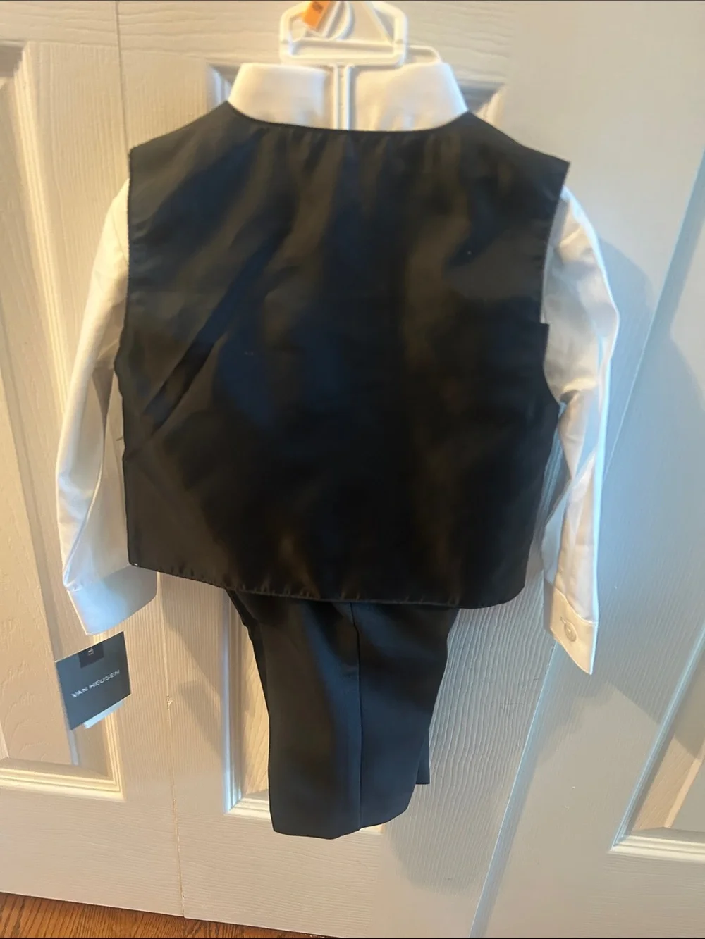 Van Heusen Boys Black Vest Suit Set with White Shirt and Black/Red Tie